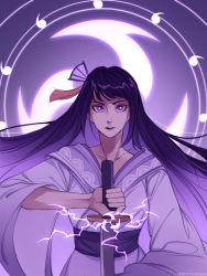 Rule 34 | 1girl, absurdres, breasts, commentary request, electricity, flower, genshin impact, hair ornament, highres, holding, holding sword, holding weapon, japanese clothes, kimono, kottonashi, long hair, looking at viewer, mole, mole under eye, open mouth, parted lips, purple eyes, purple hair, raiden shogun, russian commentary, sash, simple background, solo, sword, tassel, weapon
