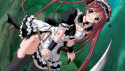 Rule 34 | 00s, airi (queen&#039;s blade), airi (queen's blade), airi (the infernal temptress), blush, green eyes, long hair, lowres, maid, panties, queen&#039;s blade, red hair, scythe, solo, thighhighs, torn clothes, underwear, zettai ryouiki
