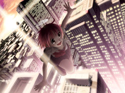 Rule 34 | 1boy, 1girl, building, cityscape, cloud, doraemon, doraemon (character), flying, kainushi, open mouth, outstretched arms, red hair, scenery, school uniform, short hair, sign, sky, skyscraper, smile, spread arms, sunset, takecopter