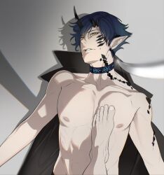 Rule 34 | 2boys, abs, ark1478, arknights, bishounen, blue hair, dark blue hair, defeat, demon boy, demon horns, doctor (arknights), earrings, flamebringer (arknights), highres, horns, jewelry, katana, looking at viewer, male focus, material growth, multiple boys, nipples, orange eyes, oripathy lesion (arknights), parted lips, pectorals, pointy ears, short hair, simple background, stepped on, sword, toned, toned male, weapon, yaoi