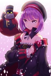Rule 34 | 1girl, detached sleeves, dress, fate/grand order, fate (series), helena blavatsky (fate), helena blavatsky (third ascension) (fate), highres, looking at viewer, purple eyes, purple hair, sefirot, shiime, short hair, smile, solo, thighhighs, v-shaped eyebrows