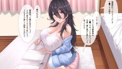 Rule 34 | 1girl, bare shoulders, bed, black hair, blush, breasts, camisole, cleavage, cushion, eraser, hair between eyes, highres, hood, hoodie, large breasts, natsuishi nana, notebook, off shoulder, open clothes, open hoodie, orange eyes, original, sitting, solo, table, translation request, wariza, writing