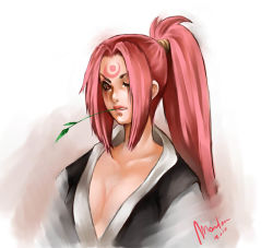 Rule 34 | 10s, 1girl, 2010, arc system works, baiken, breasts, cleavage, drinking straw, facial tattoo, female focus, guilty gear, japanese clothes, kimono, large breasts, lips, long hair, marlon teunissen, mouth hold, one-eyed, pink eyes, pink hair, ponytail, scar, scar across eye, scar on face, signature, solo, straw (stalk), tattoo, very long hair
