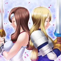 Rule 34 | 00s, 2girls, agrias oaks, akimichi, armor, back-to-back, beatrix, blonde hair, bracelet, braid, breasts, brown hair, eyepatch, closed eyes, final fantasy, final fantasy ix, final fantasy tactics, gloves, jewelry, large breasts, long hair, multiple girls, single braid, square enix, sword, trait connection, weapon