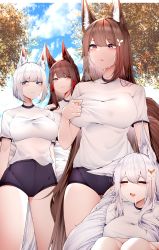 Rule 34 | 4girls, absurdres, akagi (azur lane), amagi (azur lane), animal ear fluff, animal ears, azur lane, bare legs, blue buruma, blue eyes, blue sky, blunt bangs, blush, branch, breasts, brown hair, brown tail, buruma, closed eyes, closed mouth, clothes pull, cloud, cloudy sky, commentary request, day, drooling, eyebrows hidden by hair, flower, fox ears, fox girl, fox tail, gym uniform, hair flower, hair ornament, heavy breathing, highres, kaga (azur lane), kitsune, kyuubi, large breasts, leaf, looking at another, looking at viewer, multiple girls, multiple tails, outdoors, parted lips, purple eyes, red eyes, saliva, samip, shinano (azur lane), shirt, shirt pull, short sleeves, sidelocks, sitting, sky, slit pupils, squatting, standing, tail, teeth, thighs, tree, white hair, white shirt, white tail