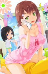 Rule 34 | 2girls, barefoot, bed, bedroom, black hair, blue eyes, blush, breasts, brown hair, cellphone, cookie, dress, eating, food, green eyes, hair ornament, hairclip, highres, imouto-chan to taka-kun, looking at another, medium breasts, mouth hold, multiple girls, on bed, open mouth, original, phone, pink dress, raglan sleeves, shirt, short hair, smartphone, smile, straddling, strap slip, t-shirt, talking on phone, uzuki hiro