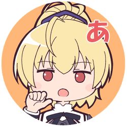 Rule 34 | 1girl, :o, ahoge, andou tazusa, assault lily, black ribbon, blonde hair, blush, buttons, chibi, circle, commentary request, hair ribbon, hand up, high ponytail, long sleeves, looking at viewer, lowres, masaki itsuki, neck ribbon, no pupils, open mouth, orange background, ponytail, portrait, purple ribbon, red eyes, ribbon, round image, school uniform, short hair, sign language, simple background, solo, thumbs up, translated, transparent background, yurigaoka girls academy school uniform