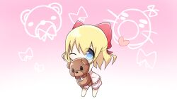 1girl blonde_hair bow buri_hamachi chibi child doseisan dress frilled_dress frills hair_bow highres mother_(series) mother_2 nintendo parody paula_(mother_2) pink_dress red_bow short_hair user_mhhf5844