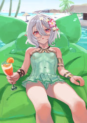 Rule 34 | 1girl, antenna hair, armlet, bare shoulders, beach, blush, bow, bracelet, breasts, cameltoe, chen bingyou, covered navel, cup, drink, drinking glass, food, fruit, hair between eyes, hair bow, half-closed eyes, highres, jewelry, kokkoro (princess connect!), kokkoro (summer) (princess connect!), looking at viewer, navel, one-piece swimsuit, open mouth, orange (fruit), orange slice, outdoors, parasol, pointy ears, pool, princess connect!, short hair, silver hair, sitting, solo, swimsuit, umbrella