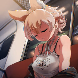 Rule 34 | 1girl, animal ears, bare shoulders, black jacket, blonde hair, camisole, closed eyes, coyote (kemono friends), extra ears, highres, jacket, kemono friends, kemono friends v project, mcgunngu, short hair, sleeping, solo, train, upper body, virtual youtuber, white camisole, wolf ears, wolf girl