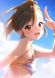 Rule 34 | 1girl, :d, arm up, bare shoulders, bikini, blue sky, blush, bracelet, breasts, brown eyes, brown hair, cleavage, collarbone, day, from side, futami mami, hair ornament, highres, idolmaster, idolmaster million live!, jewelry, lens flare, light rays, looking at viewer, looking to the side, mikapoe, open mouth, outdoors, short hair, sky, small breasts, smile, solo, star (symbol), star hair ornament, striped bikini, striped clothes, sunbeam, sunlight, swept bangs, swimsuit, upper body