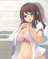 Rule 34 | 1girl, blue eyes, blush, bottomless, bra, breasts, brown hair, female pubic hair, highres, large breasts, long hair, navel, open clothes, open mouth, original, out-of-frame censoring, pink bra, pubic hair, shirt, smile, solo, top-load washing machine, unbuttoning, underwear, undressing, washing machine, white shirt, zi (mumei)