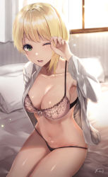 Rule 34 | 1girl, asymmetrical hair, bed, blonde hair, bra, breasts, cleavage, collarbone, commentary, green eyes, highres, idolmaster, idolmaster cinderella girls, indoors, large breasts, looking at viewer, miyamoto frederica, morning, navel, no pants, one eye closed, open clothes, open mouth, open shirt, pillow, sakiryo kanna, shirt, short hair, signature, single sidelock, sitting, solo, underwear