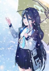 Rule 34 | 1girl, absurdly long hair, absurdres, aris (blue archive), black hair, blue archive, blue eyes, blue necktie, blurry, breast pocket, collared shirt, commentary request, depth of field, hair between eyes, hair ornament, hairband, halo, hand up, highres, holding, holding umbrella, jacket, long hair, looking away, looking up, multicolored clothes, multicolored jacket, necktie, one side up, open clothes, open jacket, parted lips, pleated skirt, pocket, reaching, school uniform, shirt, sidelocks, skirt, snowing, solo, supersugar, two-tone jacket, umbrella, very long hair