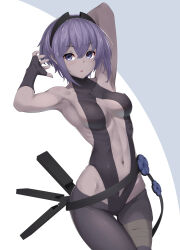 Rule 34 | 1girl, absurdres, armpits, arms up, bare shoulders, black gloves, black hairband, black leotard, black pants, breasts, center opening, dark-skinned female, dark skin, fate/prototype, fate/prototype: fragments of blue and silver, fate (series), fingerless gloves, gloves, hairband, hassan of serenity (fate), highres, leotard, looking at viewer, medium breasts, navel, pants, purple eyes, purple hair, short hair, sidelocks, solo, thigh gap, tight clothes, tight pants, yamachi (xadp7533)