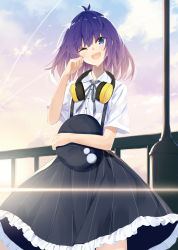 Rule 34 | 1girl, ;d, beret, black hat, blue eyes, brown hair, collared shirt, commentary request, crying, crying with eyes open, dress shirt, frilled skirt, frills, gradient hair, grey ribbon, hand up, happy tears, hat, head tilt, headphones, headphones around neck, highres, kavka, lamppost, multicolored hair, neck ribbon, one eye closed, open mouth, original, outdoors, purple hair, railing, ribbon, shirt, short sleeves, skirt, smile, solo, standing, striped clothes, striped skirt, sunset, suspender skirt, suspenders, tears, unworn hat, unworn headwear, vertical-striped clothes, vertical-striped skirt, white shirt