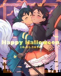 Rule 34 | 2boys, animal ear fluff, animal ears, antenna hair, artist name, ash ketchum, bike shorts, blush, capelet, closed mouth, coat, collar, commentary, creatures (company), crossdressing, cuffs, dated, elbow gloves, eyelashes, closed eyes, fake animal ears, fake tail, game freak, gloves, goh (pokemon), green coat, green hair, hair ornament, hairband, halloween, handcuffs, happy halloween, hat, highres, holding, long sleeves, male focus, multiple boys, nail polish, nintendo, pants, poke ball, poke ball (basic), pokemon, pokemon (anime), pokemon journeys, sara bon, smile, spiked collar, spikes, tail, thighhighs, torn clothes, torn pants, watermark, witch hat, yaoi