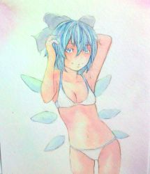 Rule 34 | 1girl, arm behind head, arms up, bikini, blue eyes, blue hair, bow, breasts, cirno, cleavage, collarbone, cowboy shot, hair bow, highres, ice, ice wings, looking at viewer, matching hair/eyes, painting (medium), parted lips, pink background, short hair, small breasts, smile, solo, swimsuit, touhou, traditional media, watercolor (medium), white bikini, wings, yuyu (00365676)