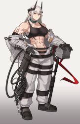 Rule 34 | 1girl, absurdres, arknights, bare shoulders, black choker, black footwear, black gloves, breasts, choker, cleavage, commentary, crop top, full body, gloves, gradient background, grey background, grey hair, hammer, highres, horns, infection monitor (arknights), kimmy tsunami, large breasts, long hair, looking at viewer, material growth, midriff, mudrock (arknights), muscular, oripathy lesion (arknights), pointy ears, red eyes, sarashi, shoes, solo, sports bra, standing, stomach, weapon
