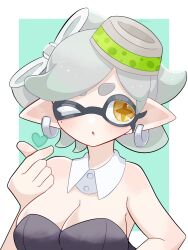 Rule 34 | 1girl, :o, aqua background, border, bow-shaped hair, breasts, cleavage, collar, commentary request, detached collar, earrings, eyelashes, grey hair, heart, highres, hoop earrings, inkling, jewelry, large breasts, marie (splatoon), mole, mole under eye, nintendo, one eye closed, open mouth, outside border, pointy ears, short hair, simple background, solo, splatoon (series), star-shaped pupils, star (symbol), symbol-shaped pupils, tentacle hair, thick eyebrows, tonbofree, upper body, white border, white collar, yellow eyes, yellow pupils