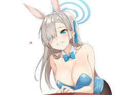 Rule 34 | 1girl, animal ears, asuna (blue archive), asuna (bunny) (blue archive), bare shoulders, black pantyhose, blue archive, bow, bowtie, breasts, cleavage, commentary request, cowboy shot, detached collar, eyes visible through hair, fake animal ears, hair bow, hair over one eye, halo, heart, highres, leaning forward, leotard, long hair, looking at viewer, medium breasts, pantyhose, playboy bunny, rabbit ears, sleeveless, smile, solo, standing, table, tennen inari, traditional bowtie, white background