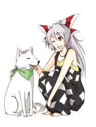 Rule 34 | 1girl, barefoot, bow, contemporary, dog, female focus, fujiwara no mokou, hair bow, long hair, open mouth, overalls, headpat, red eyes, ribbon, silver hair, sitting, solo, squatting, suspenders, touhou, wink, yomoneko