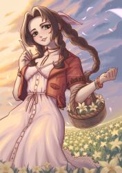 Rule 34 | 1girl, aerith gainsborough, basket, bracelet, braid, breasts, brown hair, choker, christine koh, cleavage, cloud, cloudy sky, cropped jacket, dress, falling petals, field, final fantasy, final fantasy vii, final fantasy vii remake, flower, flower field, green eyes, hair ribbon, highres, holding, holding basket, jacket, jewelry, kneeling, lily (flower), long hair, looking at viewer, medium breasts, necklace, outdoors, parted bangs, parted lips, petals, pink dress, pink ribbon, pointing, red jacket, ribbon, short sleeves, sidelocks, sky, smile, solo, square enix, upper body, yellow flower