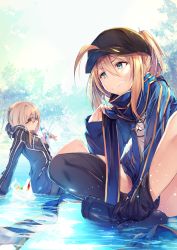 Rule 34 | 2girls, ahoge, artoria pendragon (fate), black hat, blonde hair, blue eyes, breasts, fal maro, fate/grand order, fate (series), glasses, hat, highres, looking at another, looking away, multiple girls, mysterious heroine x (fate), mysterious heroine x alter (fate), mysterious heroine x alter (second ascension) (fate), parted lips, sitting, small breasts, teeth, yellow eyes