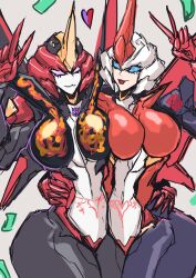 Rule 34 | 2girls, autobot, blue eyes, breasts, breasts squeezed together, colored skin, crotch plate, decepticon, flamewar, flareup, grotesquerampag, helmet, highres, humanoid robot, large breasts, mecha musume, multiple girls, narrow waist, pink eyes, pubic tattoo, robot, tattoo, thick thighs, thighs, transformers, v