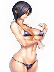 Rule 34 | 1girl, bare shoulders, bikini, black bikini, black hair, breast hold, breasts, cameltoe, cleavage, closed mouth, collarbone, covered erect nipples, cowboy shot, fingernails, from side, fumio (rsqkr), groin, hair over one eye, hand up, hip bones, hip focus, large breasts, lips, long fingernails, looking at viewer, micro bikini, navel, open hand, pout, purple bikini, red eyes, short hair, sideboob, simple background, solo, standing, strap gap, string bikini, striped bikini, striped clothes, swimsuit, thighs, toned, underboob, white background, wide hips