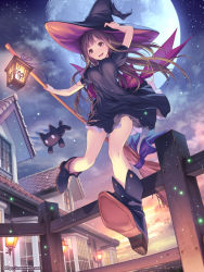 Rule 34 | 1girl, black cat, black dress, blush, boots, breasts, broom, brown eyes, brown hair, cat, cloud, dress, female focus, full moon, hand on headwear, hat, house, lantern, long hair, mana kakkowarai, moon, night, open mouth, original, outdoors, sash, sky, smile, solo, star (sky), starry sky, sunset, very long hair, witch, witch hat