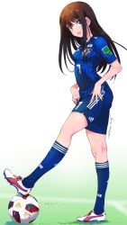 Rule 34 | 1girl, 2018 fifa world cup, adidas, ball, brown hair, cleats, commentary request, full body, grass, green eyes, highres, idolmaster, idolmaster cinderella girls, inoue sora, japan, japanese flag, kneehighs, long hair, looking at viewer, open mouth, revision, shibuya rin, shorts, signature, smile, soccer, soccer ball, soccer uniform, socks, solo, sportswear, telstar 18, world cup