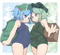 Rule 34 | 2girls, adapted costume, angry, backpack, bag, bare shoulders, blue eyes, blue hair, blue one-piece swimsuit, blue school swimsuit, blush, border, breasts, camouflage, camouflage swimsuit, commentary request, covered navel, cowboy shot, eye contact, face-to-face, foreshortening, green eyes, green hair, green headwear, green one-piece swimsuit, hair bobbles, hair ornament, hat, highres, kawashiro nitori, looking at another, multiple girls, old school swimsuit, one-piece swimsuit, open mouth, outside border, plump, print one-piece swimsuit, school swimsuit, short hair, small breasts, swimsuit, touhou, turnip kabura, two side up, v-shaped eyebrows, white border, yamashiro takane