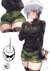 Rule 34 | 1girl, ass, black hair, black sweater, black thighhighs, blood, blue eyes, blush, breasts, camouflage, camouflage shorts, eugene chaud (mega man), genderswap, genderswap (mtf), green shorts, highres, holding, jewelry, lasts, long sleeves, medium breasts, mega man (series), mega man battle network, mega man battle network (series), multicolored hair, multiple views, necklace, nosebleed, parted lips, protoman.exe, short hair, shorts, simple background, sleeves past wrists, sweater, thighhighs, thumbs up, white background