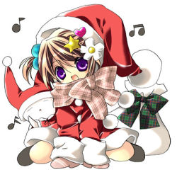 Rule 34 | 1girl, :d, bad id, bad pixiv id, beamed quavers, brown hair, dress, hat, koge donbo, looking at viewer, lowres, musical note, open mouth, original, purple eyes, quaver, red dress, santa costume, santa hat, scarf, short hair, simple background, smile, snow, snowman, solo, white background
