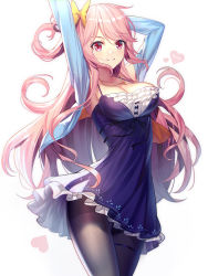 Rule 34 | 1girl, arms up, artist name, black pantyhose, blue jacket, blush, bow, breasts, cleavage, collarbone, commentary request, dress, emily stock, frilled dress, frills, hair between eyes, hair bow, heart, highres, jacket, jewelry, large breasts, long hair, long sleeves, looking at viewer, open clothes, open jacket, original, pantyhose, parted lips, pendant, pink hair, purple dress, red eyes, ririko (zhuoyandesailaer), short dress, sidelocks, sleeveless, sleeveless dress, smile, solo, thighband pantyhose, very long hair, white background, yellow bow
