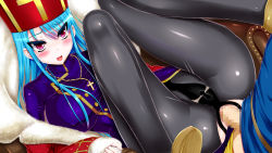 Rule 34 | 1girl, anal, anus, ass, blue hair, blush, breasts, censored, chastity belt, coat, cross, cross necklace, dragon quest, dragon quest iii, hat, highres, huge breasts, jewelry, legs, long hair, looking at viewer, lying, mosaic censoring, necklace, on back, pantyhose, penis, pink eyes, priest (dq3), sex, smile, solo focus, tears, thighs, throne, torn clothes, torn legwear, trubka