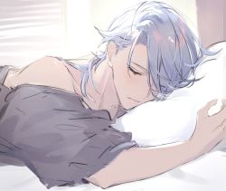 Rule 34 | 1boy, bed, blush, closed eyes, closed mouth, genshin impact, grey shirt, gumilkx, hair between eyes, hair over one eye, highres, kamisato ayato, lying, male focus, on stomach, pillow, shirt, silver hair, sleeping, solo, upper body
