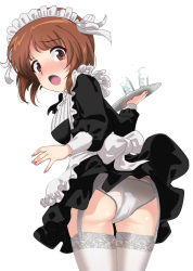Rule 34 | 1girl, :o, absurdres, alternate costume, apron, ass, blush, brown eyes, brown hair, clothes lift, commentary, cup, drinking glass, embarrassed, enmaided, frilled apron, frills, garter belt, garter straps, girls und panzer, highres, looking back, maid, maid headdress, nishizumi miho, panties, shiina excel, short hair, skirt, skirt lift, solo, thighhighs, thighs, tray, underwear, water, white panties, white thighhighs