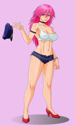 Rule 34 | blush, bracelet, breasts, capcom, choker, cleavage, final fight, green eyes, hat, high heels, highres, jewelry, lipstick, makani kohitujito, makeup, navel, pink hair, poison (final fight), shoes, short shorts, shorts, smile, street fighter