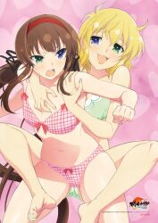 Rule 34 | blonde hair, brown hair, carrying, hair ribbon, hairband, heterochromia, highres, official art, open mouth, piggyback, pink background, ribbon, ryoubi (senran kagura), ryouna (senran kagura), senran kagura, siblings, sisters, twins, underwear