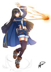 Rule 34 | 1girl, arm up, belt, black hair, black thighhighs, blue cape, blue headband, blue shirt, blue shorts, blue sleeves, boots, brown belt, brown footwear, cape, closed mouth, commentary, crop top, detached sleeves, english commentary, expressionless, fire, full body, headband, highres, holding, holding staff, long hair, looking at viewer, magic, midriff, navel, original, red eyes, riabels, shirt, shorts, shorts rolled up, signature, simple background, solo, staff, thighhighs, white background