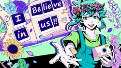 Rule 34 | 1boy, basil (headspace) (omori), basil (omori), blue overalls, camera, collarbone, colored skin, crazyanime3, english text, green eyes, green hair, green shirt, head wreath, highres, holding, holding camera, looking at viewer, omori, open mouth, overalls, persona, photo (object), scrapbook, shirt, short hair, short sleeves, smile, soejima shigenori (style), solo, teeth, tongue, upper teeth only, white skin