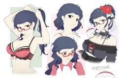Rule 34 | 1girl, adjusting hair, armpits, artist self-insert, bare shoulders, black-framed eyewear, blue hair, blush, bra, breasts, choker, collarbone, commentary, corset, dress, english commentary, expressions, flat color, flower, frilled dress, frills, glasses, hair behind ear, hair bun, hair flower, hair ornament, hair tie, halterneck, highres, holding, holding own hair, lace, lace-trimmed bra, lace trim, long hair, looking at viewer, mixed-language commentary, multiple views, off shoulder, open mouth, original, pink bra, portrait, red-framed eyewear, semi-rimless eyewear, short hair, sidelocks, signature, simple background, single hair bun, smile, tying hair, under-rim eyewear, underwear, upper body, veil, wavy hair, wavy mouth, white background, yuriniel