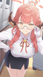 Rule 34 | 1girl, absurdres, aru (blue archive), blue archive, glasses, gloves, highres, long hair, long sleeves, looking at viewer, pleated skirt, red hair, shirt, skirt, smile, solo, sysen, white gloves, white shirt, yellow eyes