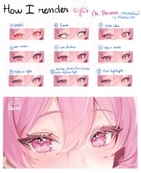 Rule 34 | 1girl, alice vu, artist name, azur lane, blush, commentary, english commentary, english text, hair between eyes, heart, heart-shaped pupils, highres, how to, looking at viewer, making-of, perseus (azur lane), pink eyes, pink hair, signature, simple background, solo, symbol-shaped pupils