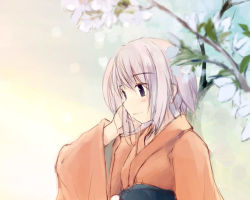 Rule 34 | 1girl, branch, flower, hand on own cheek, hand on own face, japanese clothes, kimono, long sleeves, lowres, original, plant, purple eyes, sash, silver hair, simple background, smile, solo, upper body, yellow background, yukitarou (awamori)