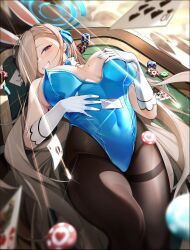 Rule 34 | 1girl, absurdres, animal ears, asuna (blue archive), asuna (bunny) (blue archive), blue archive, blue eyes, blue leotard, bow, bowtie, breasts, covered navel, detached collar, fake animal ears, gloves, grabbing own breast, hair over one eye, halo, highres, impossible clothes, impossible leotard, large breasts, leotard, long hair, looking at viewer, mole, mole on breast, official alternate costume, pantyhose, playboy bunny, rabbit ears, skin tight, smile, strapless, strapless leotard, thighs, tkkz, white gloves