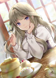 Rule 34 | 1girl, akatsuki hijiri, arms on table, blonde hair, blouse, blue eyes, closed mouth, commentary request, cranberry, cup, dessert, eating, eyes visible through hair, food, fork, frilled shirt collar, frills, head on hand, highres, holding, holding fork, ice cream, ice cream scoop, light, light particles, long hair, long sleeves, looking at viewer, original, pancake, pancake stack, plate, shirt, sitting, smile, solo, souffle pancake, sweets, syrup, table, tea, teacup, white shirt, window, wooden table