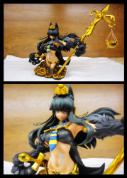 Rule 34 | anubis (monster girl encyclopedia), anubis (mythology), balance scale, black hair, crotch cutout, egyptian, egyptian clothes, figure, gold, harem pants, highres, hokke, jewelry, lots of jewelry, monster girl, monster girl encyclopedia, necktie, pants, revealing clothes, sheath, smile, staff, statue, sword, weapon, weighing scale
